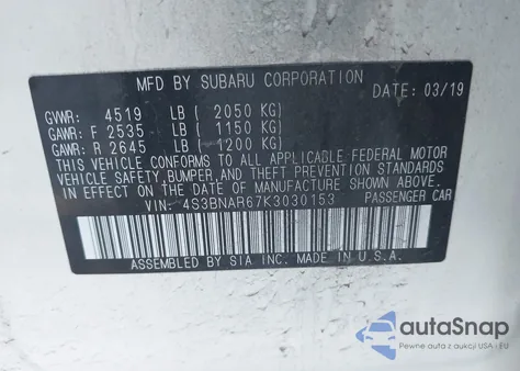 2019 Subaru Legacy 2.5I Sport z USA, uszkodzony, nr VIN 4S3BNAR67K3030153